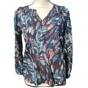Talbots Womens Tunic Top Black Feather Long Sleeve Cotton Blouse Ruffle Size SP
